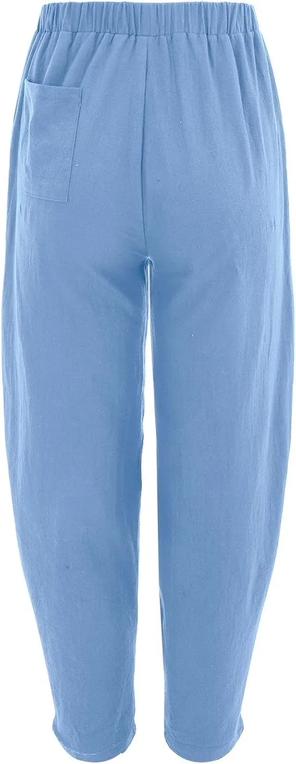Women Wide Leg Linen Pants 2025 Summer Casual High Waisted Palazzo Pant Loose Ruched Trouser with Pocket