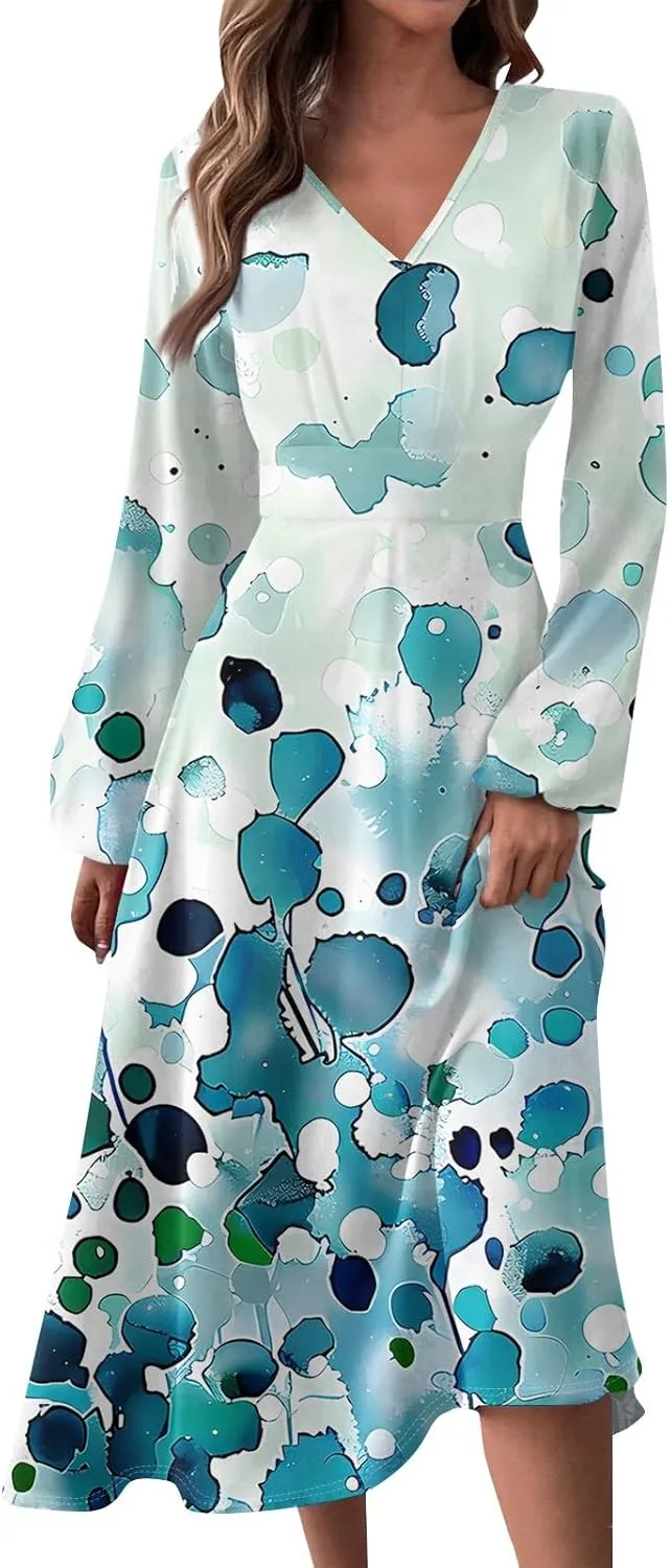 Women's 2025 Spring Fall Dress Casual Long Sleeve V Neck A Line Flowy Dresses Vacation Loose Resort Wear