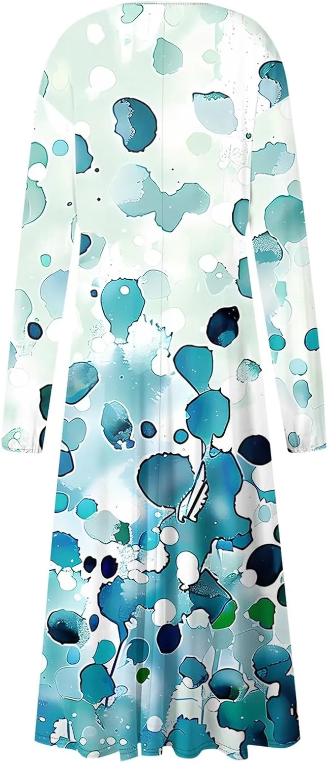 Women's 2025 Spring Fall Dress Casual Long Sleeve V Neck A Line Flowy Dresses Vacation Loose Resort Wear