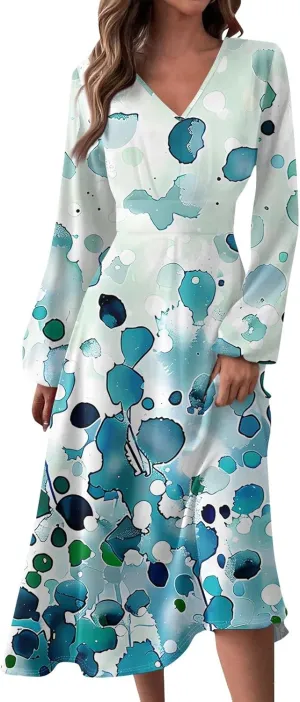 Women's 2025 Spring Fall Dress Casual Long Sleeve V Neck A Line Flowy Dresses Vacation Loose Resort Wear