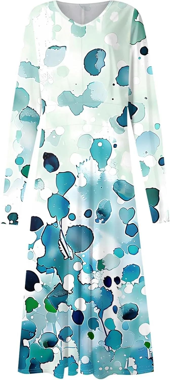 Women's 2025 Spring Fall Dress Casual Long Sleeve V Neck A Line Flowy Dresses Vacation Loose Resort Wear