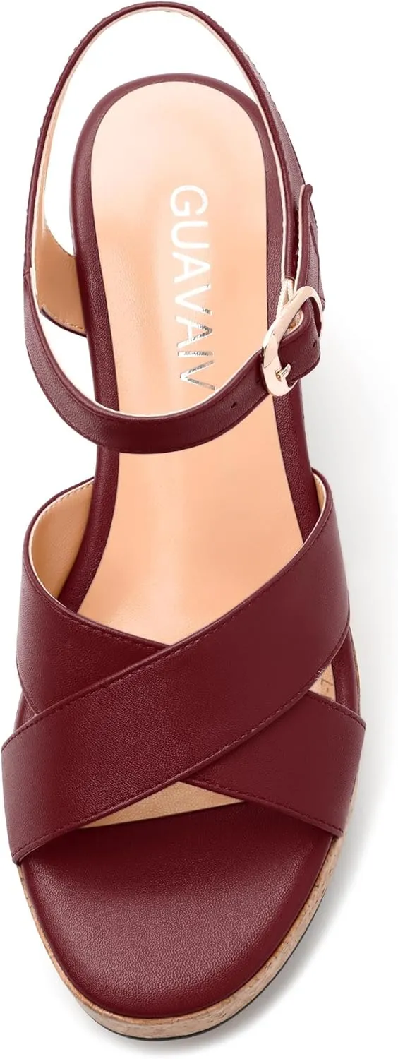 Women's 3-Inch Wedge Heeled Sandals - Chunky Platform with Adjustable Ankle Strap, Round Toe Solid Color for Work, Parties & Date Nights