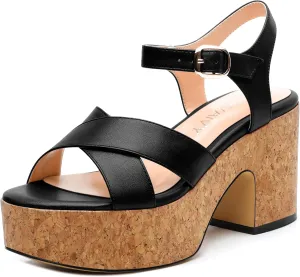 Women's 3-Inch Wedge Heeled Sandals - Chunky Platform with Adjustable Ankle Strap, Round Toe Solid Color for Work, Parties & Date Nights