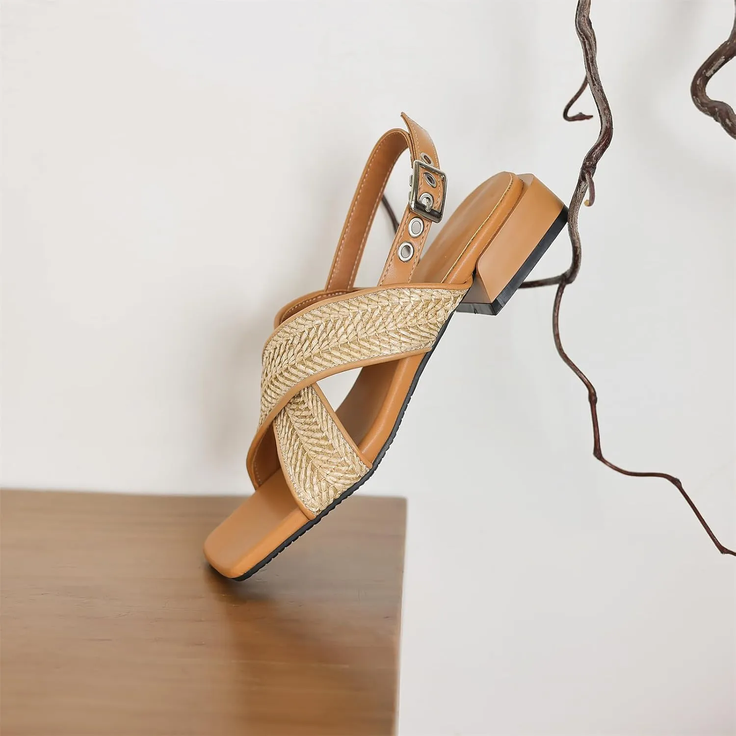 Women's Braided Square Open Toe Low Block Heel Slide Flats Cross Strap Hollow Slingback Adjustable Buckle Slippers Woven Summer Classic Work Office Shoes Church Comfort Dress Party Sandals