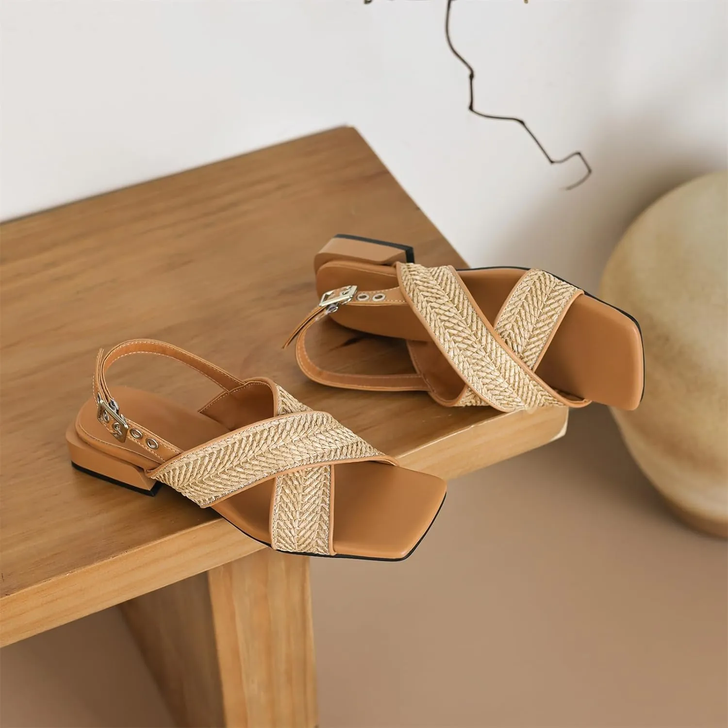 Women's Braided Square Open Toe Low Block Heel Slide Flats Cross Strap Hollow Slingback Adjustable Buckle Slippers Woven Summer Classic Work Office Shoes Church Comfort Dress Party Sandals