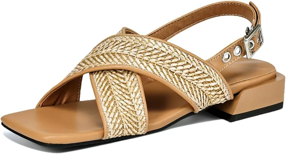 Women's Braided Square Open Toe Low Block Heel Slide Flats Cross Strap Hollow Slingback Adjustable Buckle Slippers Woven Summer Classic Work Office Shoes Church Comfort Dress Party Sandals