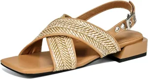 Women's Braided Square Open Toe Low Block Heel Slide Flats Cross Strap Hollow Slingback Adjustable Buckle Slippers Woven Summer Classic Work Office Shoes Church Comfort Dress Party Sandals