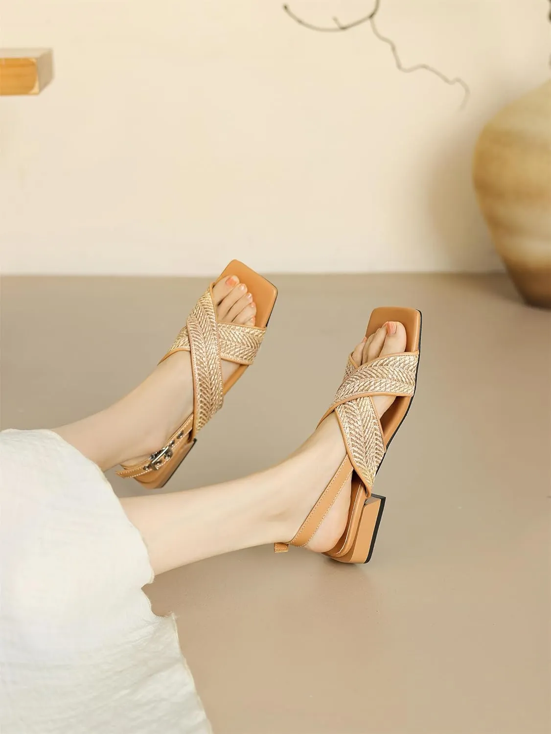 Women's Braided Square Open Toe Low Block Heel Slide Flats Cross Strap Hollow Slingback Adjustable Buckle Slippers Woven Summer Classic Work Office Shoes Church Comfort Dress Party Sandals