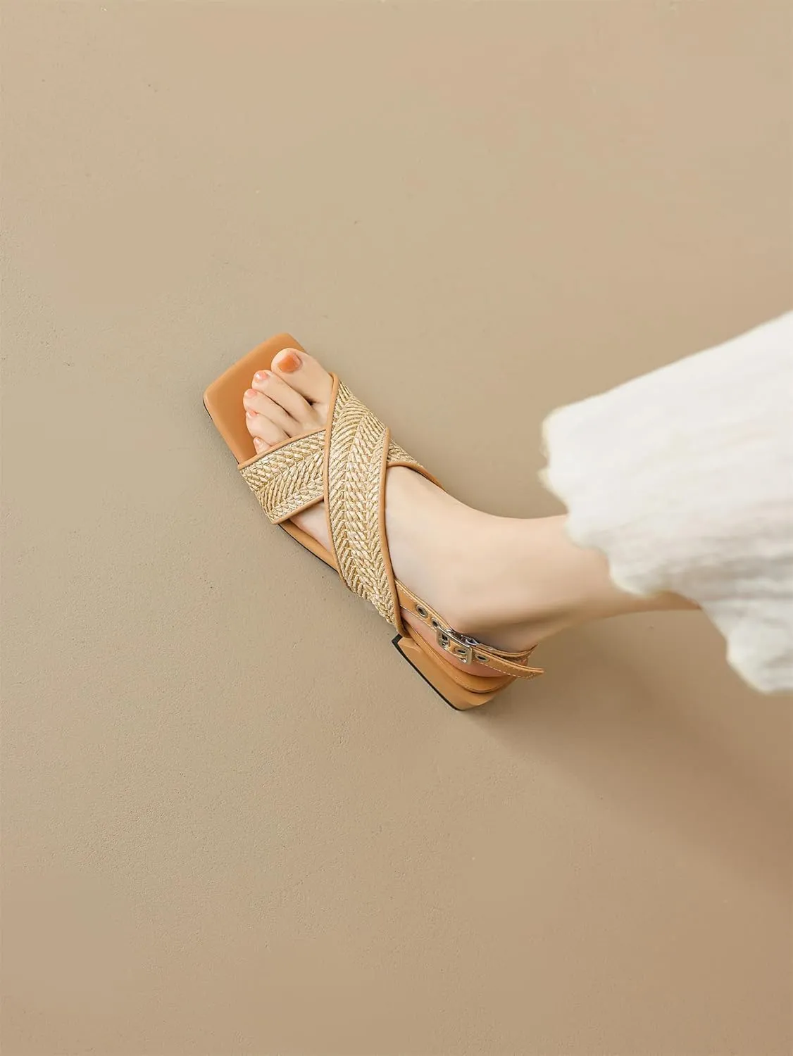 Women's Braided Square Open Toe Low Block Heel Slide Flats Cross Strap Hollow Slingback Adjustable Buckle Slippers Woven Summer Classic Work Office Shoes Church Comfort Dress Party Sandals