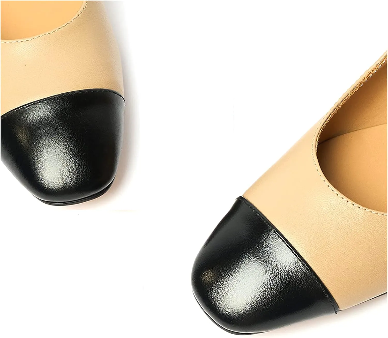 Women's Elegance Cap Toe Two-Tone Instep Strap Buckle Chunky Heel Mary Jane Shoes Classic Matte Leather Closed Round Toe Low Block Heel Dress Pumps Shoes