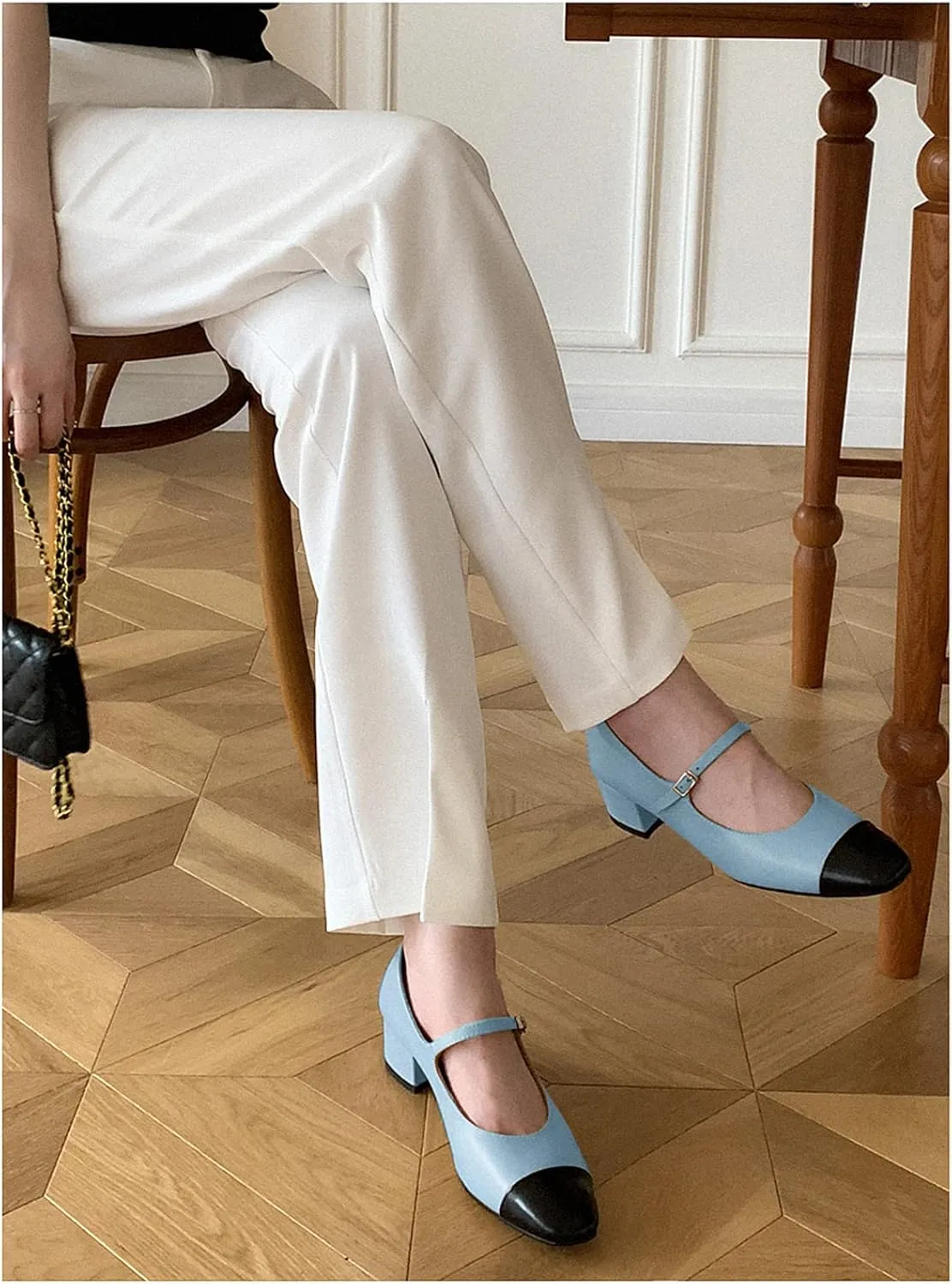 Women's Elegance Cap Toe Two-Tone Instep Strap Buckle Chunky Heel Mary Jane Shoes Classic Matte Leather Closed Round Toe Low Block Heel Dress Pumps Shoes