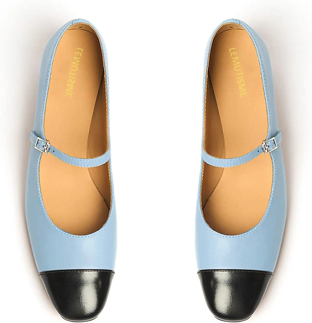 Women's Elegance Cap Toe Two-Tone Instep Strap Buckle Chunky Heel Mary Jane Shoes Classic Matte Leather Closed Round Toe Low Block Heel Dress Pumps Shoes