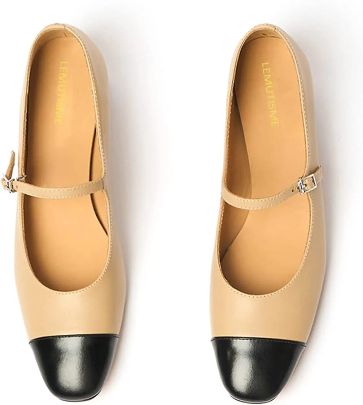 Women's Elegance Cap Toe Two-Tone Instep Strap Buckle Chunky Heel Mary Jane Shoes Classic Matte Leather Closed Round Toe Low Block Heel Dress Pumps Shoes