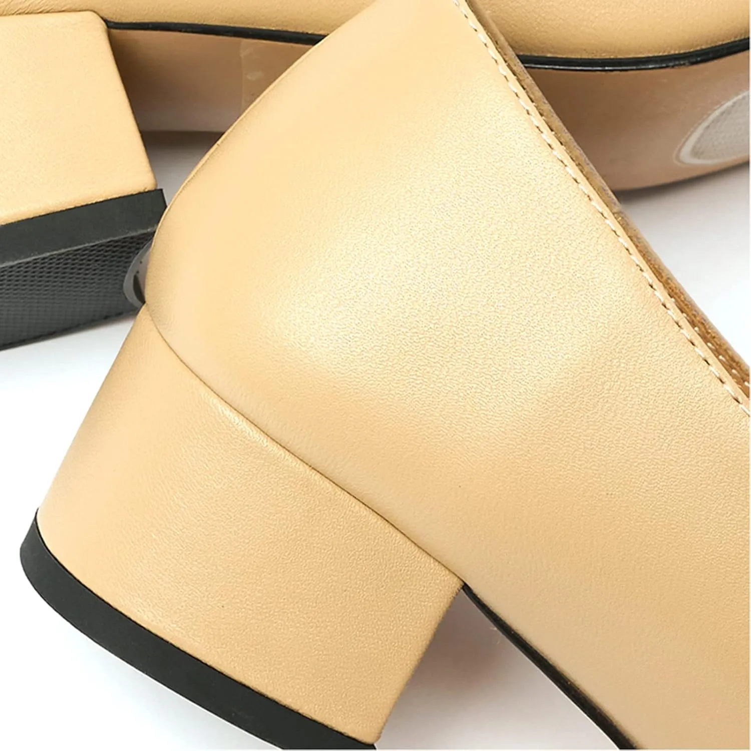 Women's Elegance Cap Toe Two-Tone Instep Strap Buckle Chunky Heel Mary Jane Shoes Classic Matte Leather Closed Round Toe Low Block Heel Dress Pumps Shoes