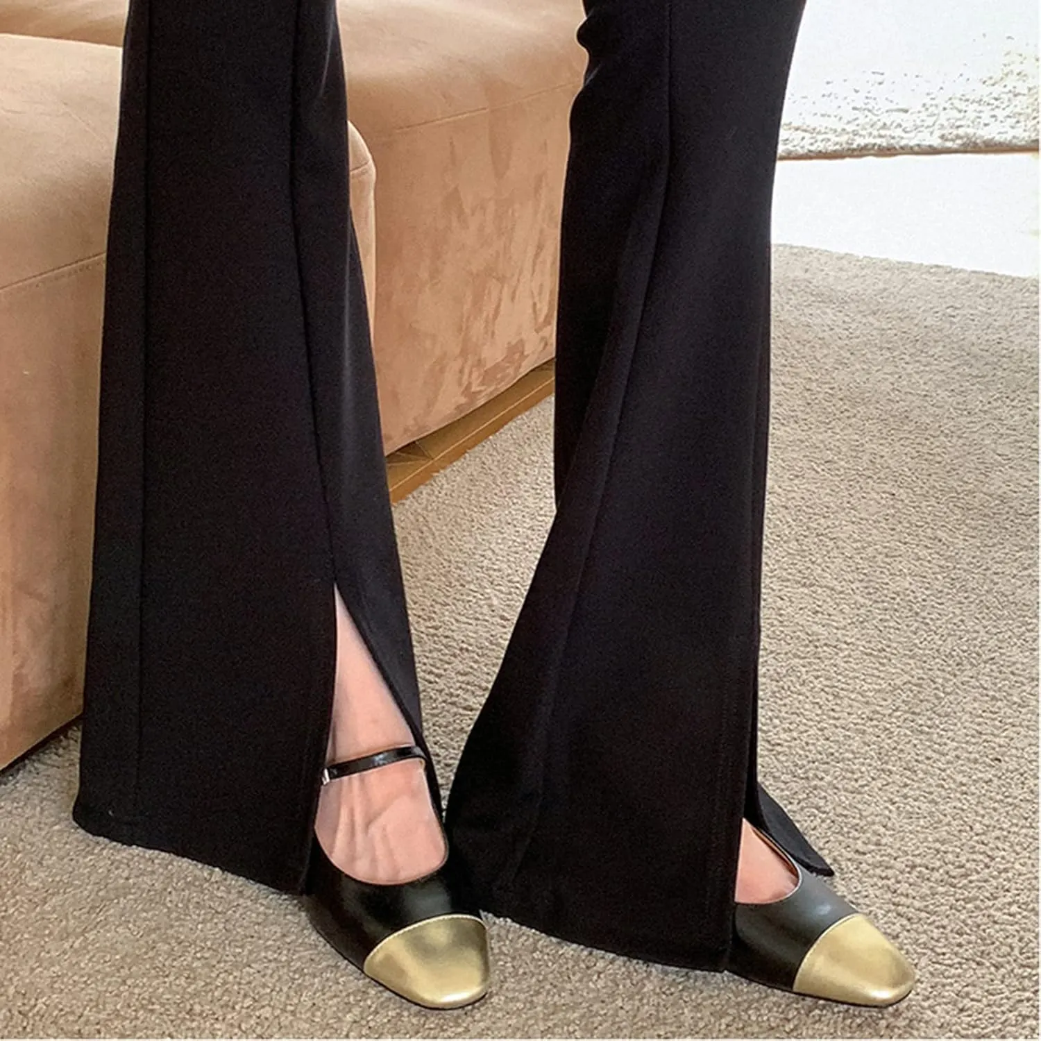 Women's Elegance Cap Toe Two-Tone Instep Strap Buckle Chunky Heel Mary Jane Shoes Classic Matte Leather Closed Round Toe Low Block Heel Dress Pumps Shoes