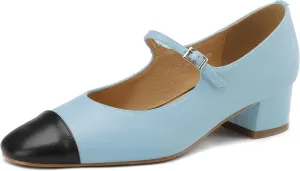 Women's Elegance Cap Toe Two-Tone Instep Strap Buckle Chunky Heel Mary Jane Shoes Classic Matte Leather Closed Round Toe Low Block Heel Dress Pumps Shoes