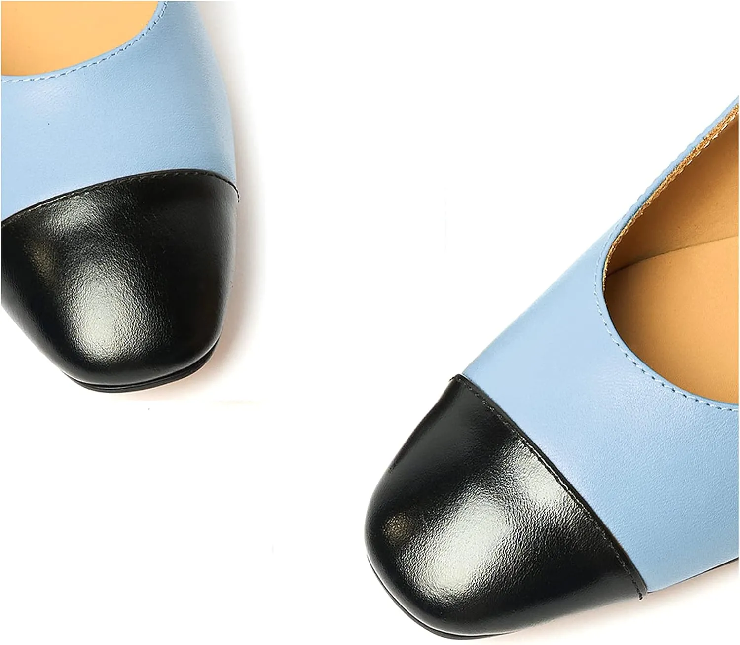 Women's Elegance Cap Toe Two-Tone Instep Strap Buckle Chunky Heel Mary Jane Shoes Classic Matte Leather Closed Round Toe Low Block Heel Dress Pumps Shoes