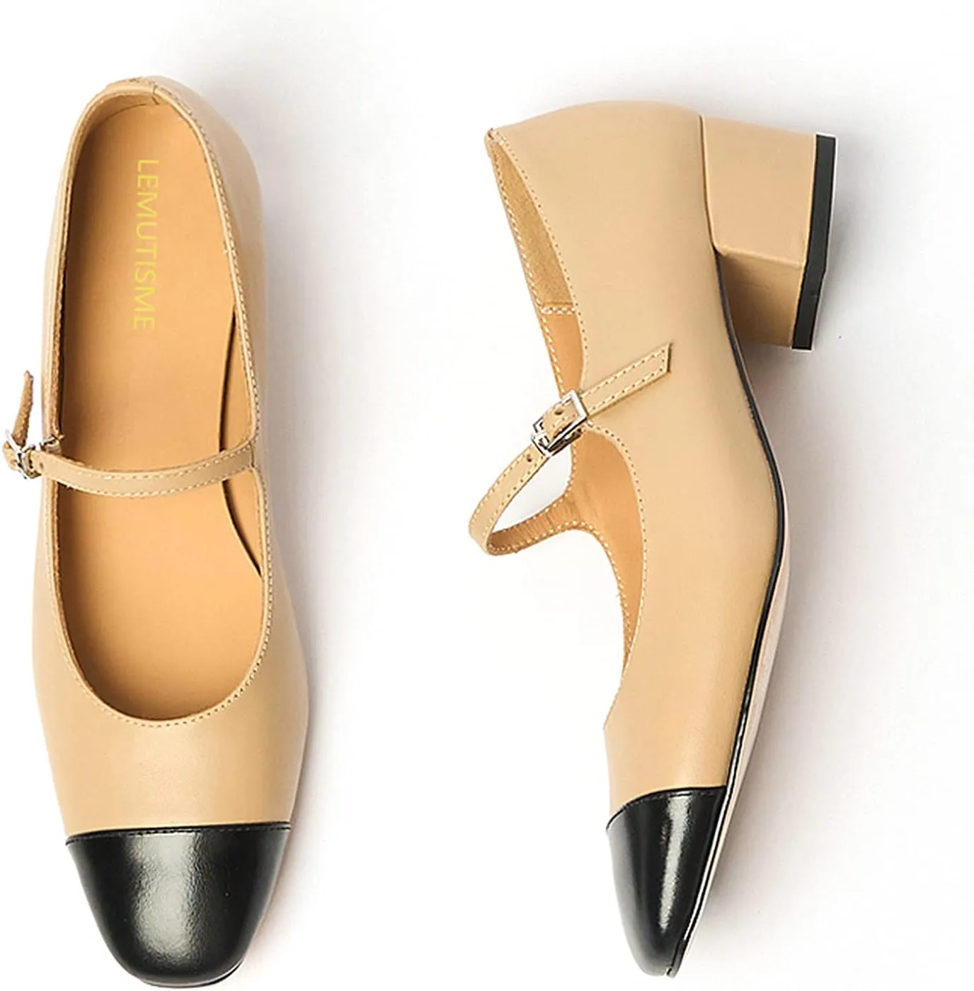 Women's Elegance Cap Toe Two-Tone Instep Strap Buckle Chunky Heel Mary Jane Shoes Classic Matte Leather Closed Round Toe Low Block Heel Dress Pumps Shoes