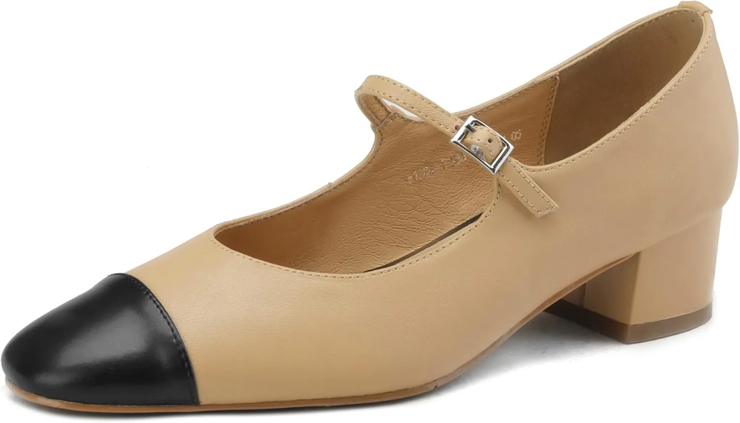 Women's Elegance Cap Toe Two-Tone Instep Strap Buckle Chunky Heel Mary Jane Shoes Classic Matte Leather Closed Round Toe Low Block Heel Dress Pumps Shoes