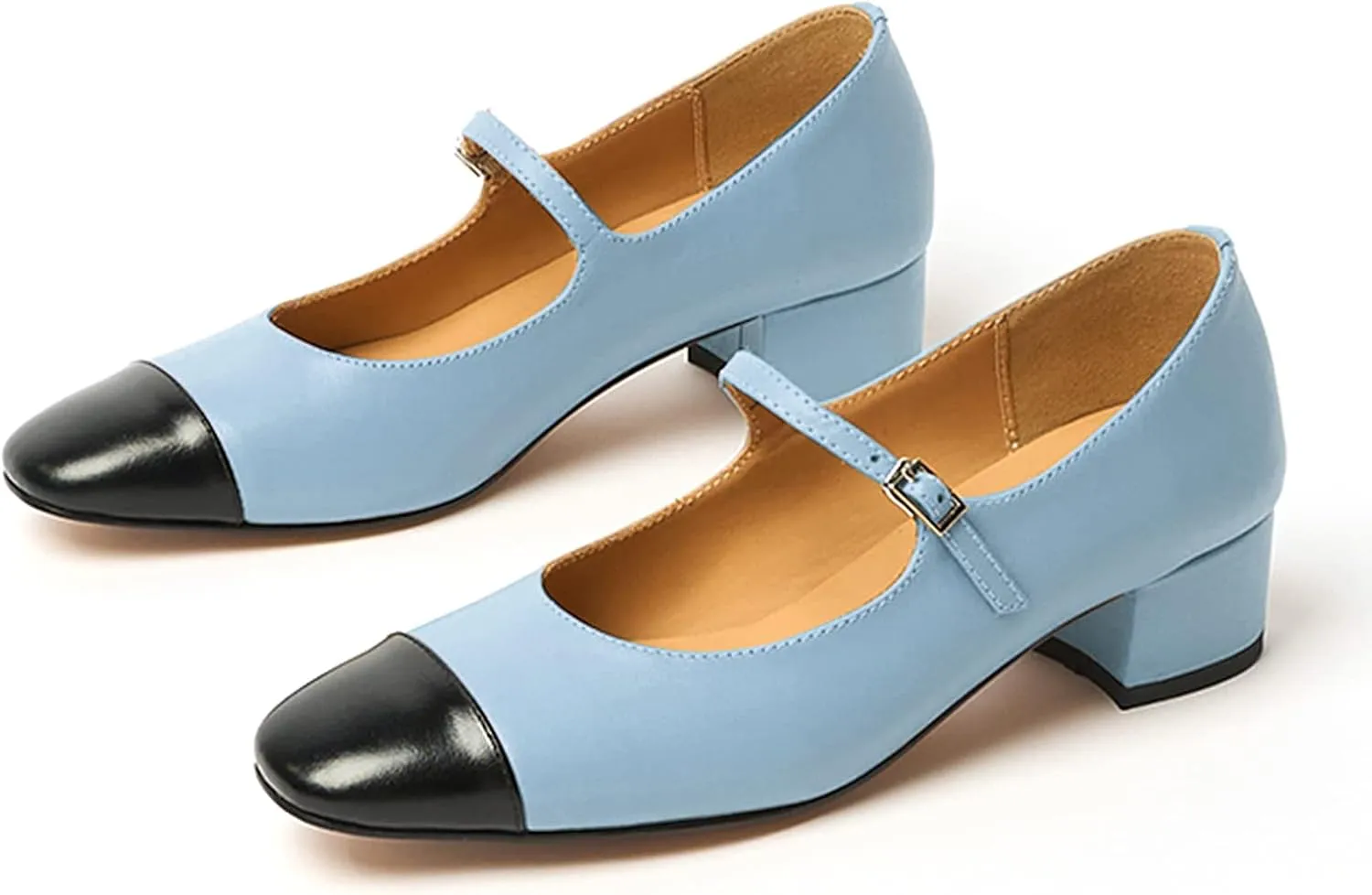 Women's Elegance Cap Toe Two-Tone Instep Strap Buckle Chunky Heel Mary Jane Shoes Classic Matte Leather Closed Round Toe Low Block Heel Dress Pumps Shoes