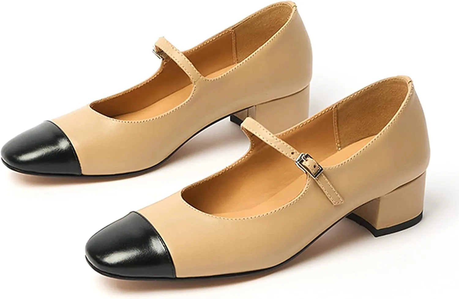Women's Elegance Cap Toe Two-Tone Instep Strap Buckle Chunky Heel Mary Jane Shoes Classic Matte Leather Closed Round Toe Low Block Heel Dress Pumps Shoes