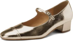 Women's Elegance Cap Toe Two-Tone Instep Strap Buckle Chunky Heel Mary Jane Shoes Classic Matte Leather Closed Round Toe Low Block Heel Dress Pumps Shoes