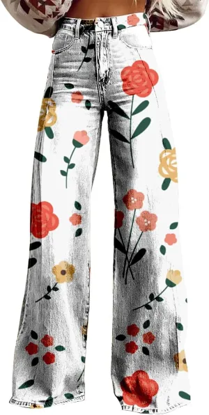Women's Flare Wide Leg Baggy High Waisted Pants Vintage Floral Print Casual Straight Colorful Trouser with Pockets