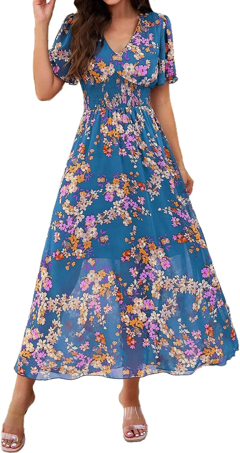 Women's Floral Maxi Dress Flowy V Neck High Waist Summer Wedding Guest Party Casual Chiffon Dress High Split Sundress