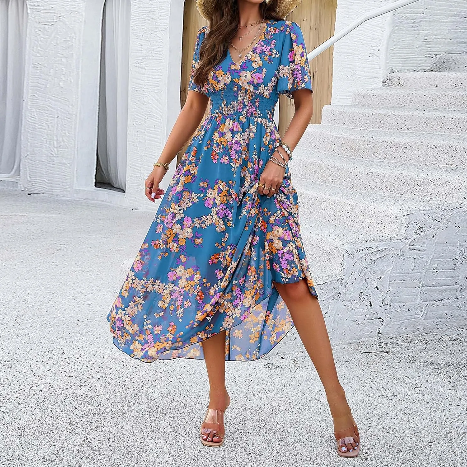 Women's Floral Maxi Dress Flowy V Neck High Waist Summer Wedding Guest Party Casual Chiffon Dress High Split Sundress