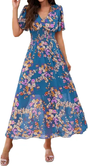 Women's Floral Maxi Dress Flowy V Neck High Waist Summer Wedding Guest Party Casual Chiffon Dress High Split Sundress