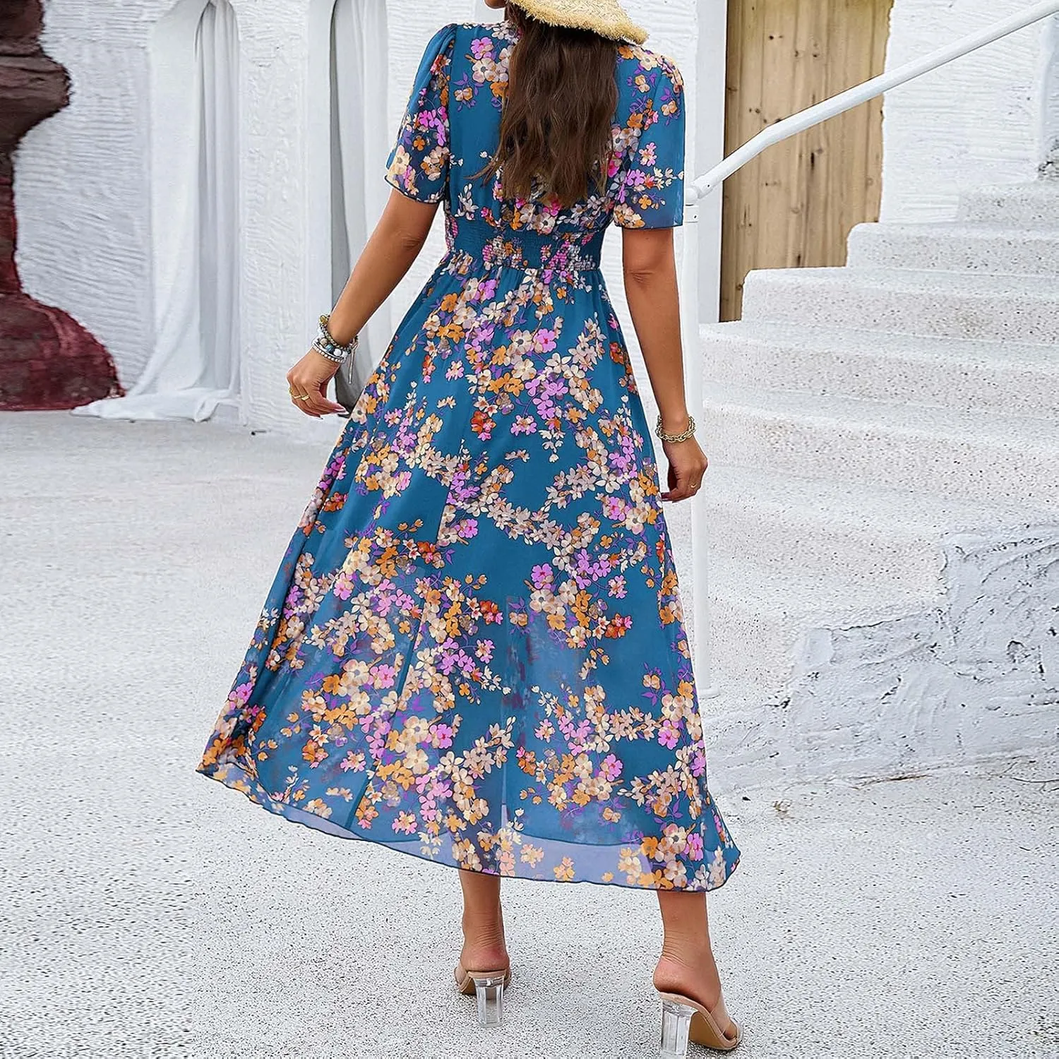 Women's Floral Maxi Dress Flowy V Neck High Waist Summer Wedding Guest Party Casual Chiffon Dress High Split Sundress