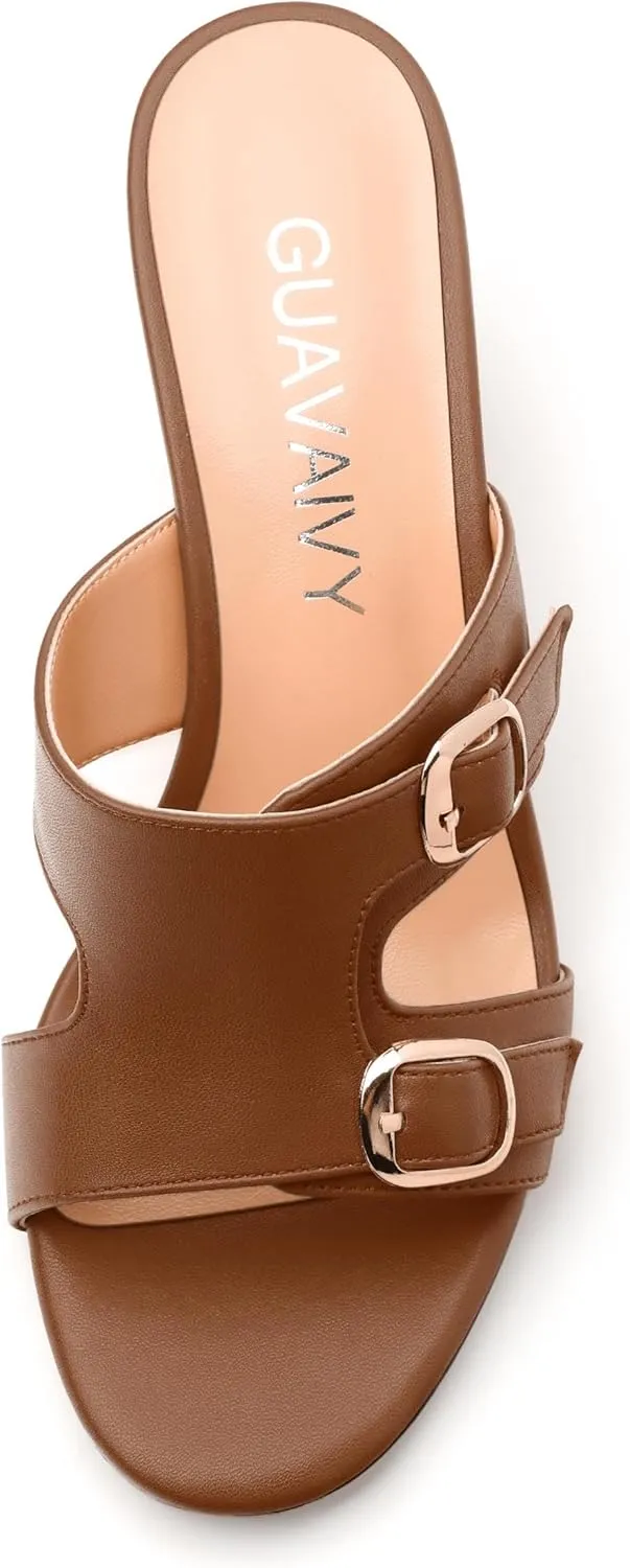 Women's Heeled Sandals, Round Open Toe Mid Chunky Heel, Buckle Fashion Slide Sandal for Wedding Party Daily Dressy