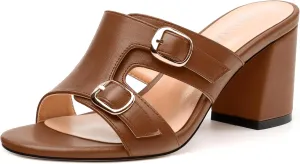 Women's Heeled Sandals, Round Open Toe Mid Chunky Heel, Buckle Fashion Slide Sandal for Wedding Party Daily Dressy