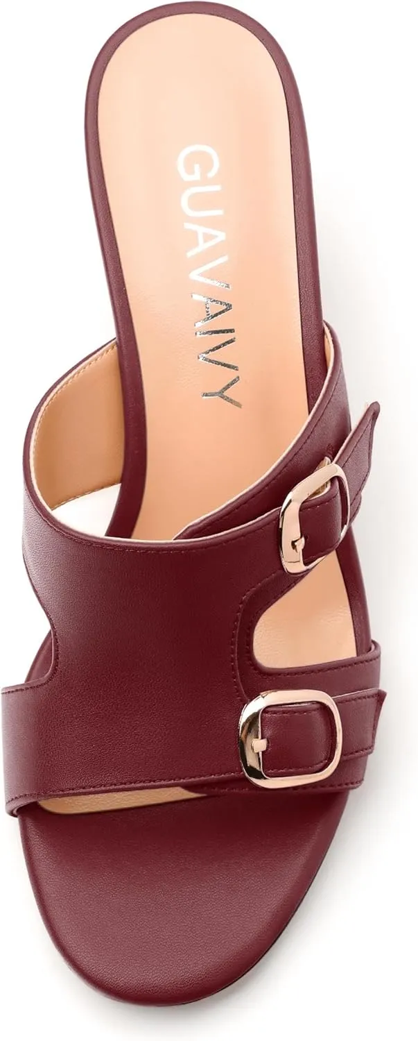Women's Heeled Sandals, Round Open Toe Mid Chunky Heel, Buckle Fashion Slide Sandal for Wedding Party Daily Dressy