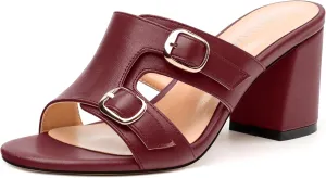 Women's Heeled Sandals, Round Open Toe Mid Chunky Heel, Buckle Fashion Slide Sandal for Wedding Party Daily Dressy