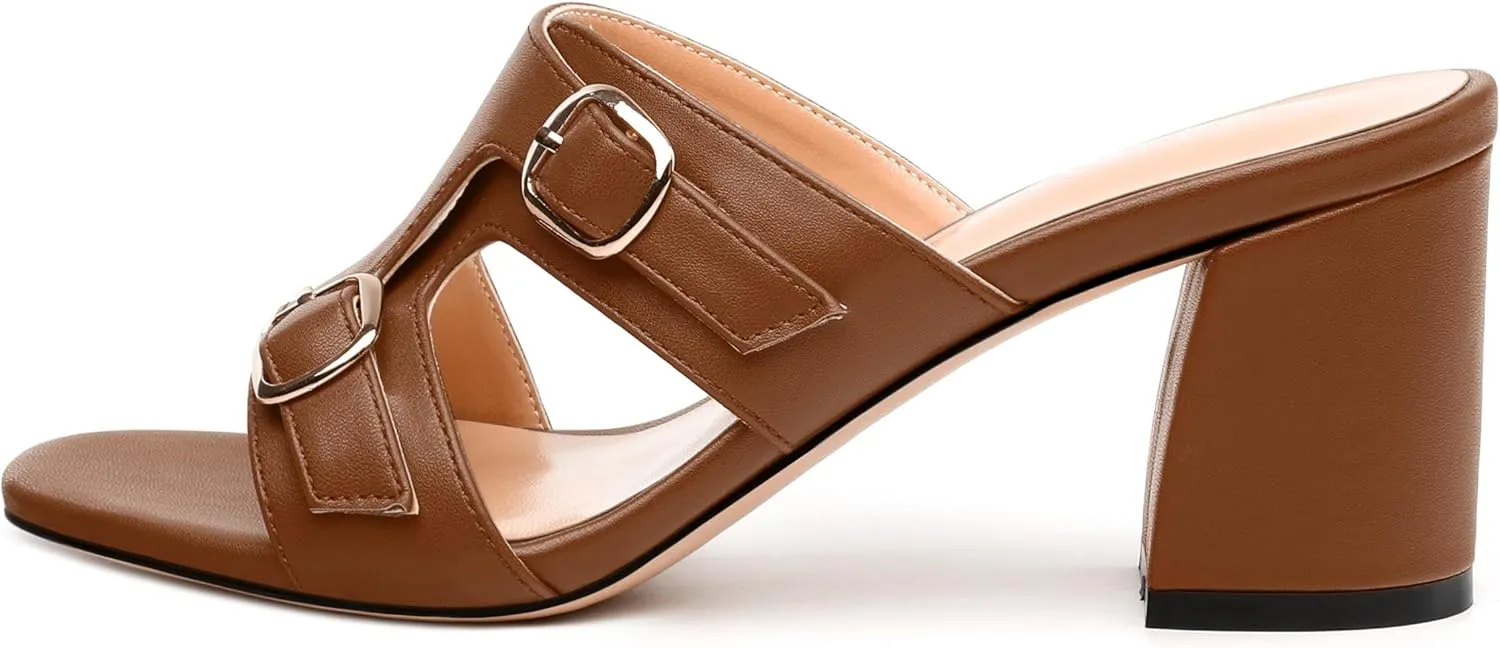 Women's Heeled Sandals, Round Open Toe Mid Chunky Heel, Buckle Fashion Slide Sandal for Wedding Party Daily Dressy