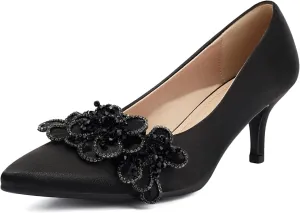 Women's Kitten Heels 2" Handmade Rhinestone Flower Satin Pumps Wedding Party Prom Dress Shoes