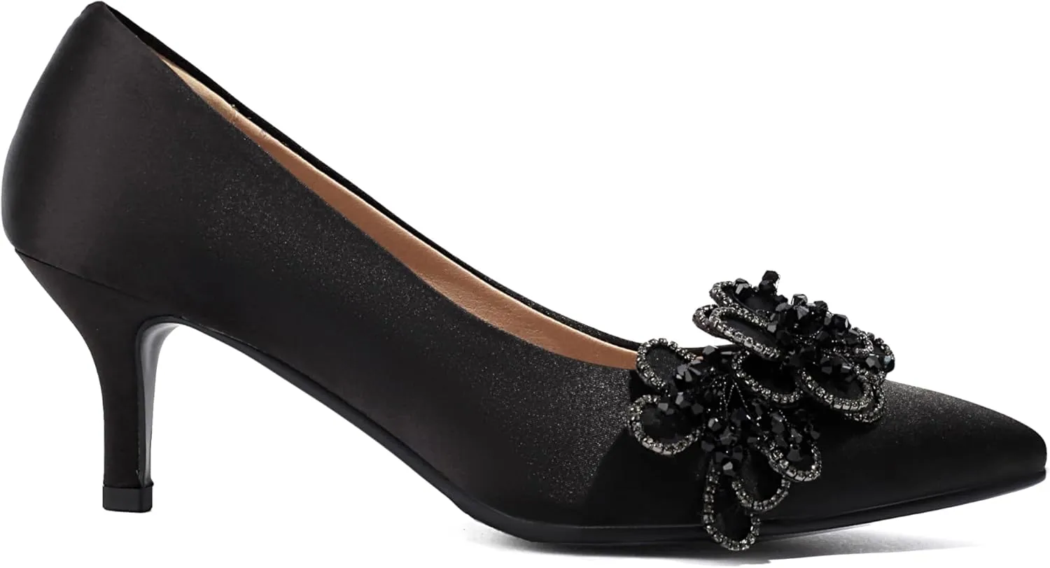 Women's Kitten Heels 2" Handmade Rhinestone Flower Satin Pumps Wedding Party Prom Dress Shoes