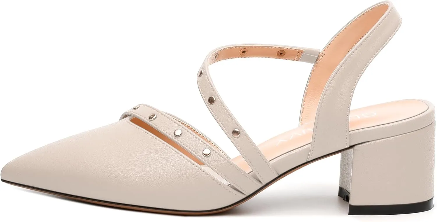 Women's Low Block Heel Pumps - Pointed Toe Slingback Slip-On, Solid Color Dress Shoes for Weddings, Parties & Everyday Wear