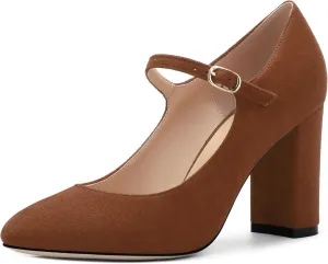 Women's Mary Jane Pumps, Womens Closed Round Toe Block Chunky High Heels Back Strap Party Dress Office High Heel Shoes 3.15 Inch