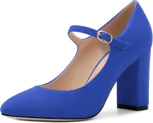 Women's Mary Jane Pumps, Womens Closed Round Toe Block Chunky High Heels Back Strap Party Dress Office High Heel Shoes 3.15 Inch