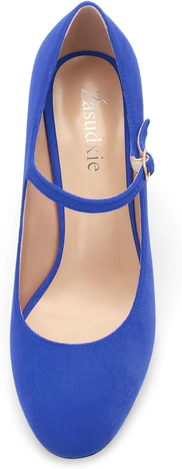 Women's Mary Jane Pumps, Womens Closed Round Toe Block Chunky High Heels Back Strap Party Dress Office High Heel Shoes 3.15 Inch