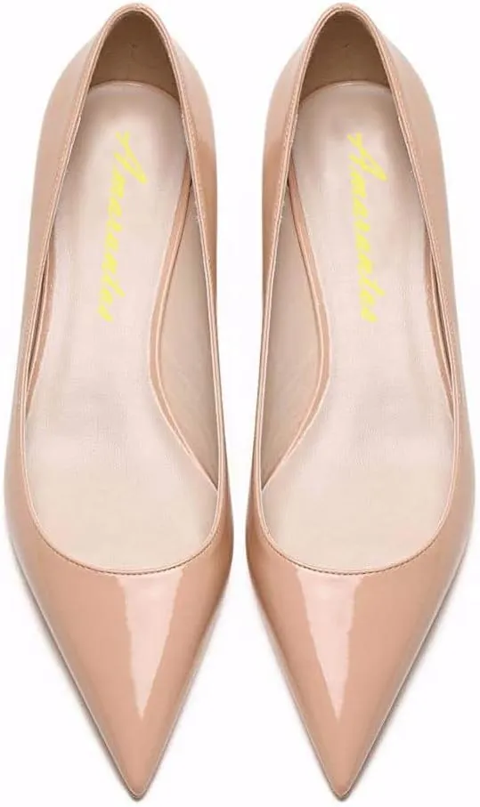 Women's Patent Leather Slip On Pointed Toe Ultra Low Kitten Heel Basic Dress Pumps Shoes