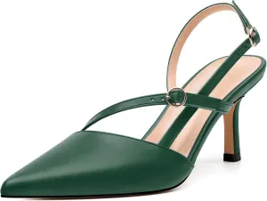 Women's Slingback Pumps, Pointed Toe Buckle Mid Heel, Fashion Solid Matte High Heel Shoes for Women