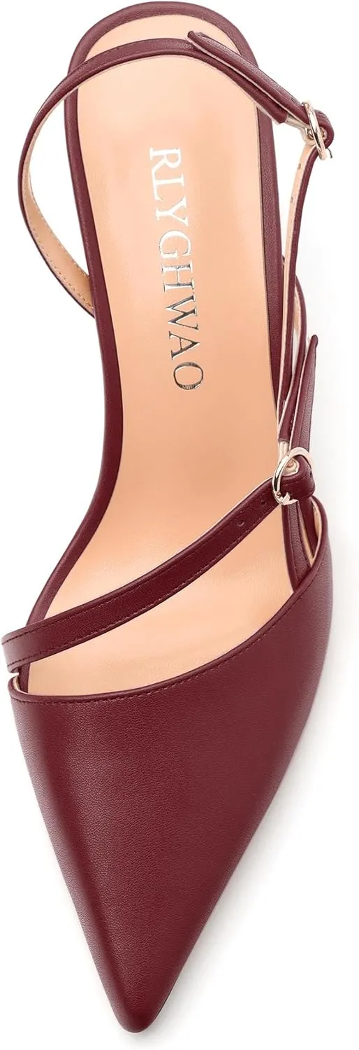 Women's Slingback Pumps, Pointed Toe Buckle Mid Heel, Fashion Solid Matte High Heel Shoes for Women