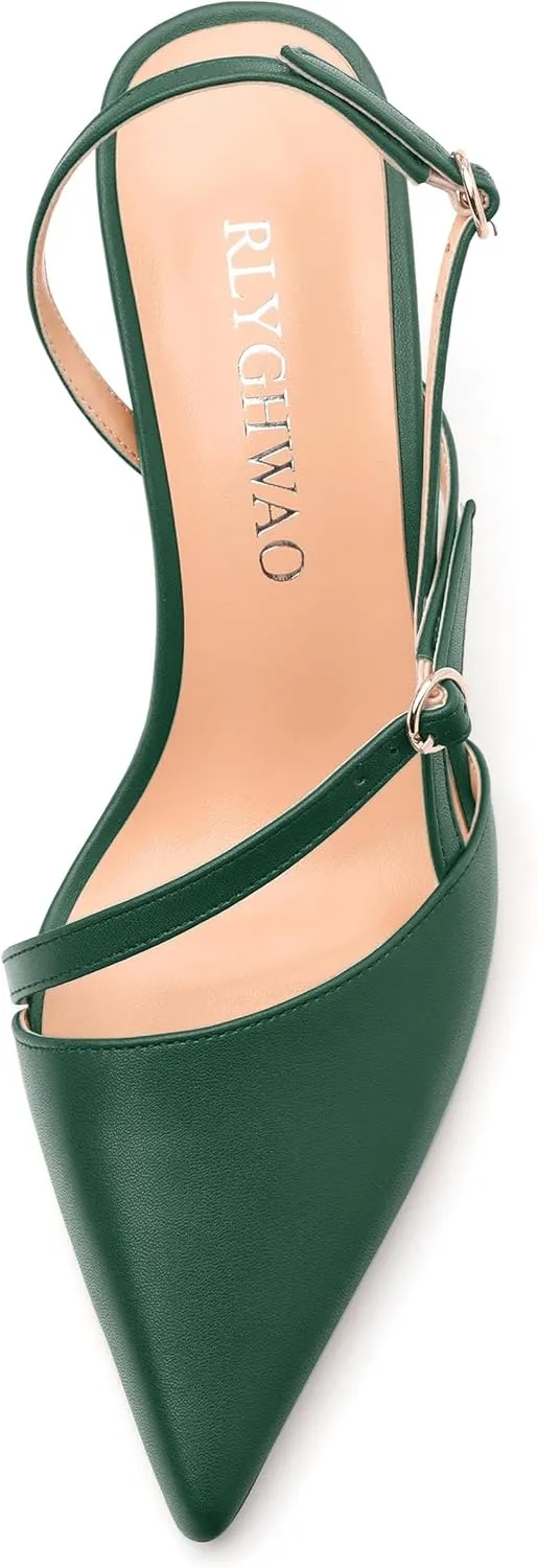 Women's Slingback Pumps, Pointed Toe Buckle Mid Heel, Fashion Solid Matte High Heel Shoes for Women