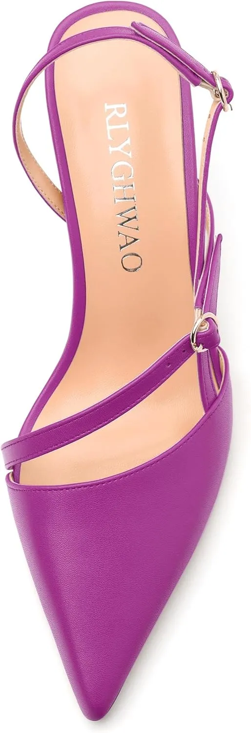 Women's Slingback Pumps, Pointed Toe Buckle Mid Heel, Fashion Solid Matte High Heel Shoes for Women