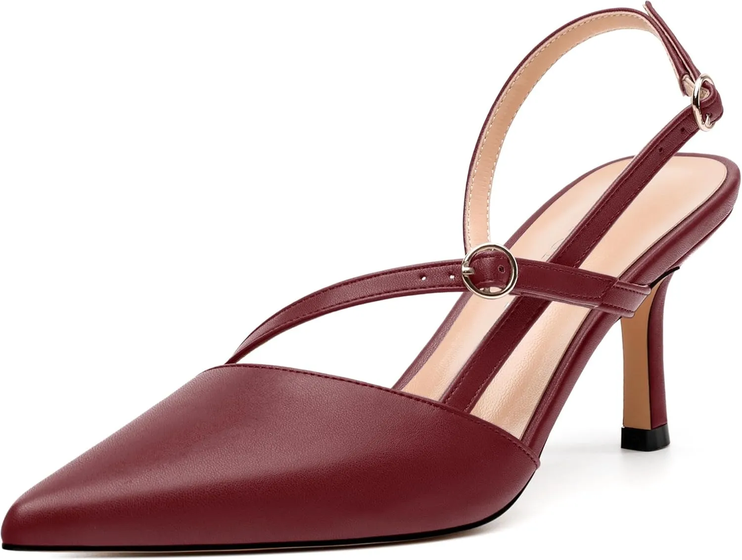 Women's Slingback Pumps, Pointed Toe Buckle Mid Heel, Fashion Solid Matte High Heel Shoes for Women