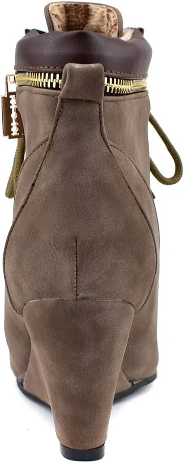 Womens Wedge Heel Ankle Boots Laced Up Ankle Booties with Zip