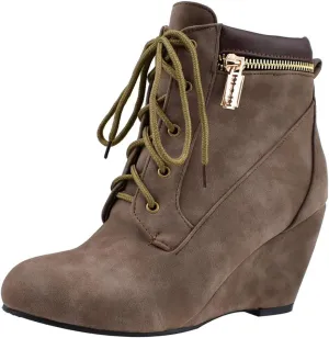 Womens Wedge Heel Ankle Boots Laced Up Ankle Booties with Zip